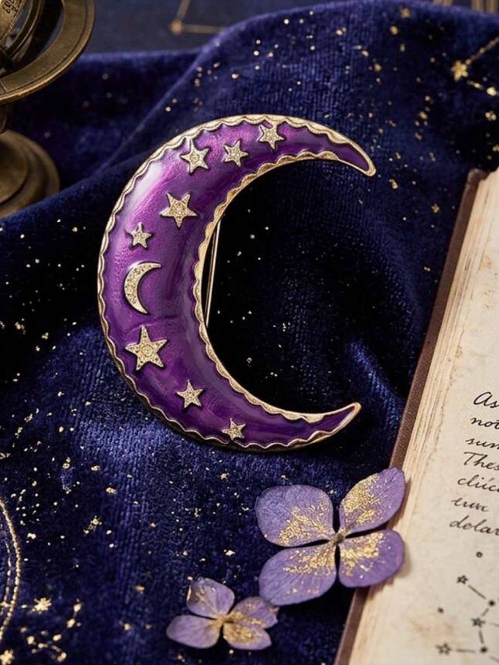 Purple Crescent Moon Star Brooch Pin